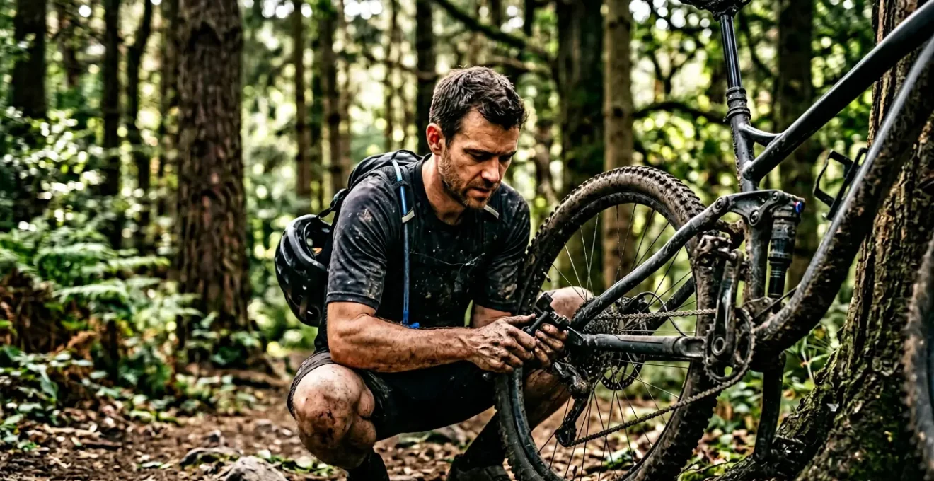 Cycliste réparant une chaîne de vélo cassée en pleine forêt avec un dérive-chaîne