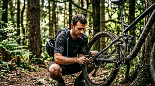 Cycliste réparant une chaîne de vélo cassée en pleine forêt avec un dérive-chaîne