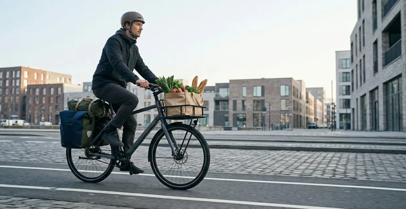 Cycliste transportant ses courses en ville avec un système de bagages bien équilibré