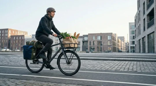 Cycliste transportant ses courses en ville avec un système de bagages bien équilibré