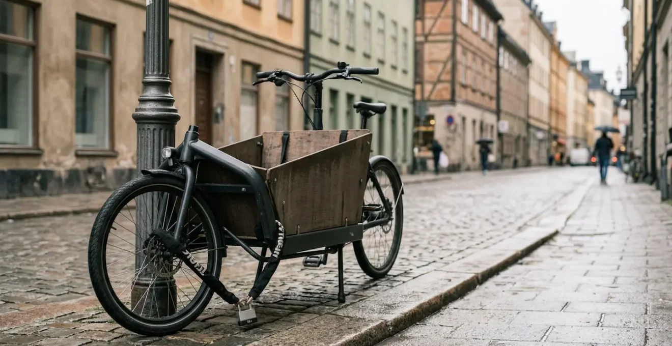 Vélo cargo familial attaché avec une longue chaîne antivol à un point fixe urbain