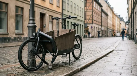 Vélo cargo familial attaché avec une longue chaîne antivol à un point fixe urbain