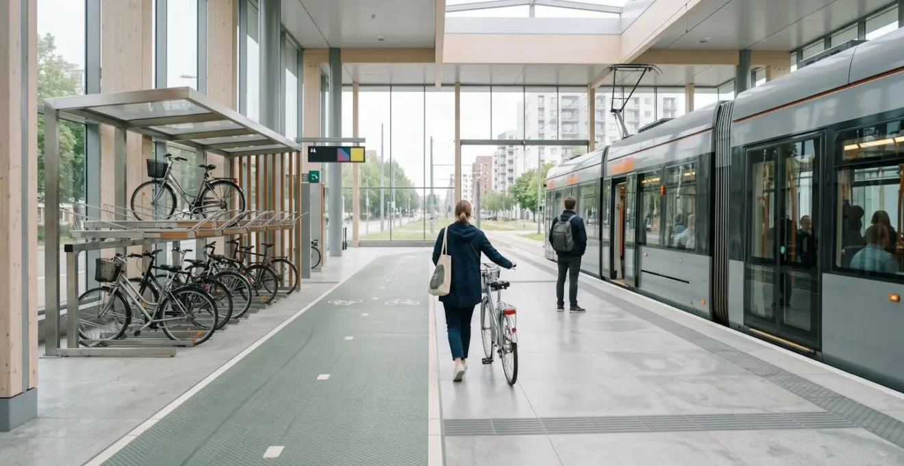 Cycliste dans une station de transport en commun avec vélo pliant