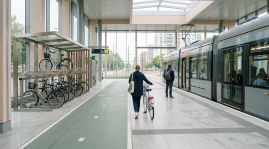 Cycliste dans une station de transport en commun avec vélo pliant