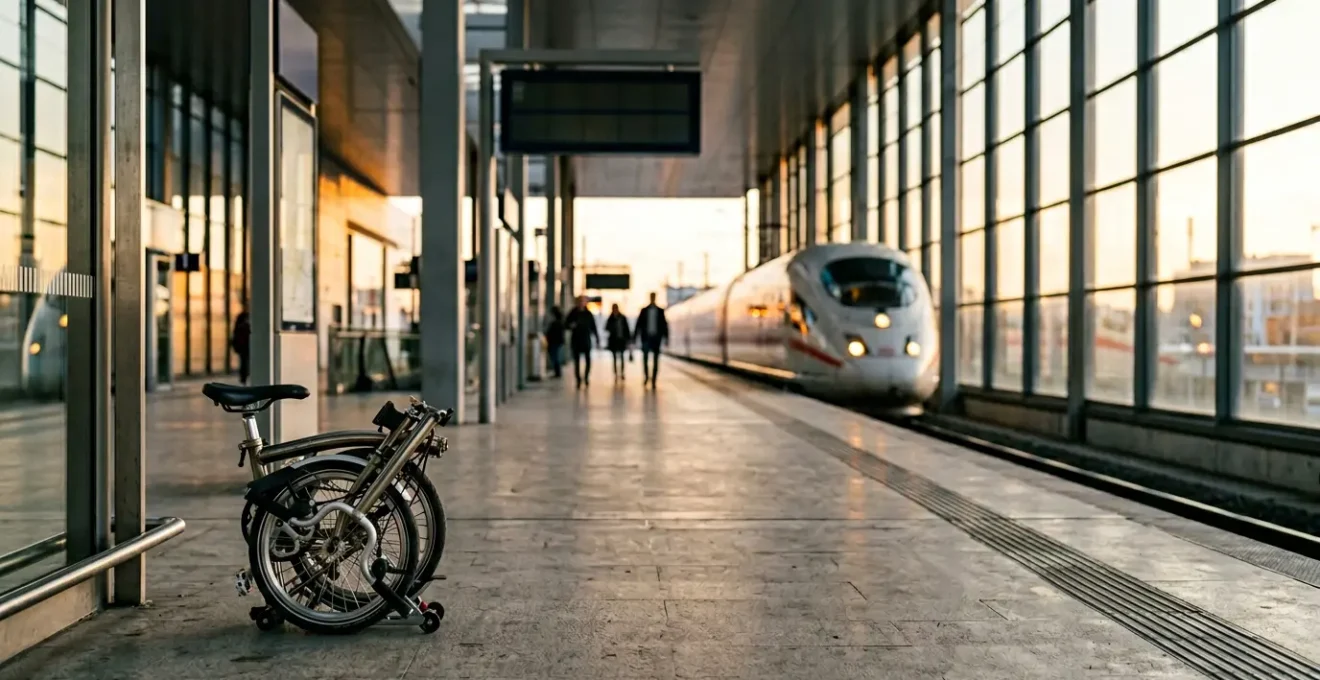 Voyageur avec vélo pliant dans une gare moderne, mobilité intermodale urbaine