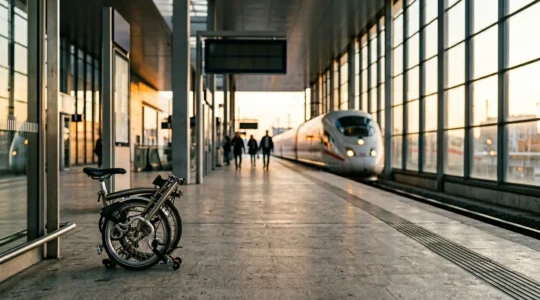 Voyageur avec vélo pliant dans une gare moderne, mobilité intermodale urbaine