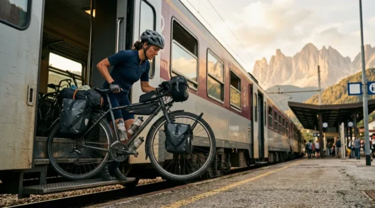 Cycliste chargeant son vélo dans un train régional italien avec paysage montagneux en arrière-plan