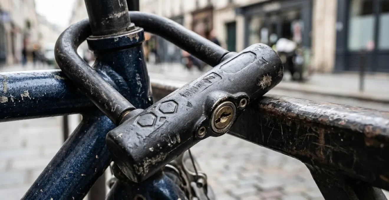 Antivol en U haute sécurité fixant un vélo à un arceau métallique dans un espace urbain français