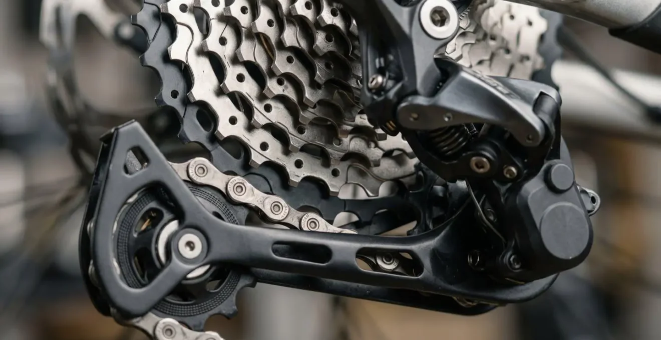 Gros plan sur une cassette de vélo et un dérailleur arrière moderne