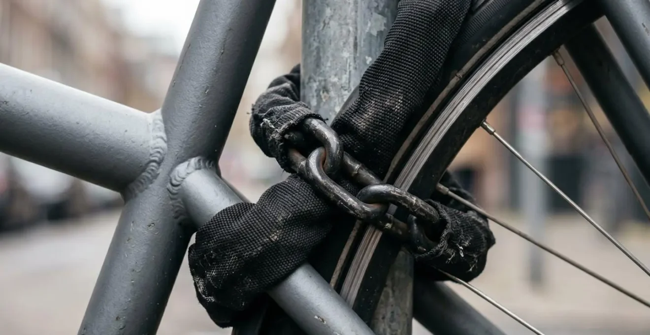 Chaîne antivol en acier sécurisant simultanément le cadre et la roue arrière d'un vélo cargo à un point fixe