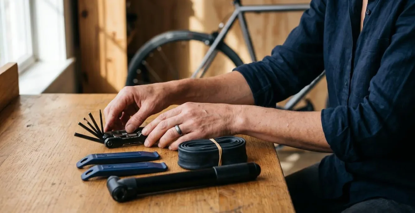 Scène de préparation d'outils de réparation pour vélo avant une sortie
