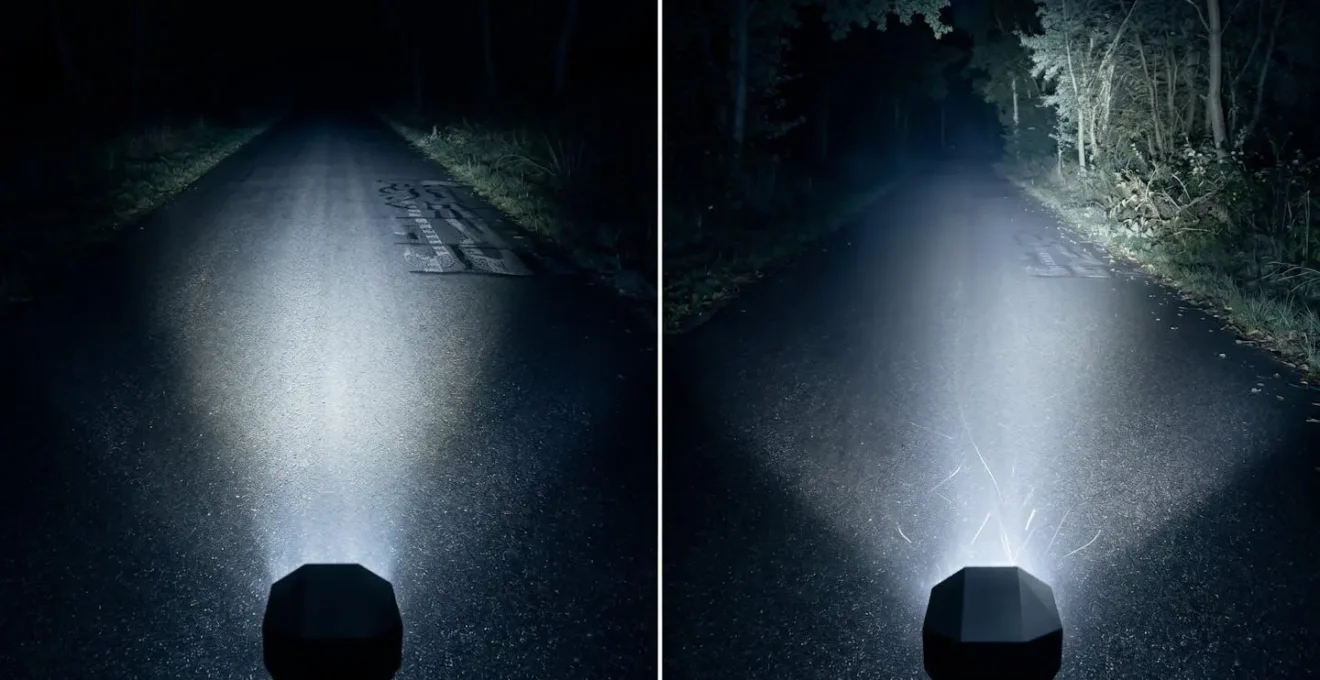 Comparaison visuelle entre un faisceau lumineux bien dirigé et un faisceau dispersé sur une route de nuit