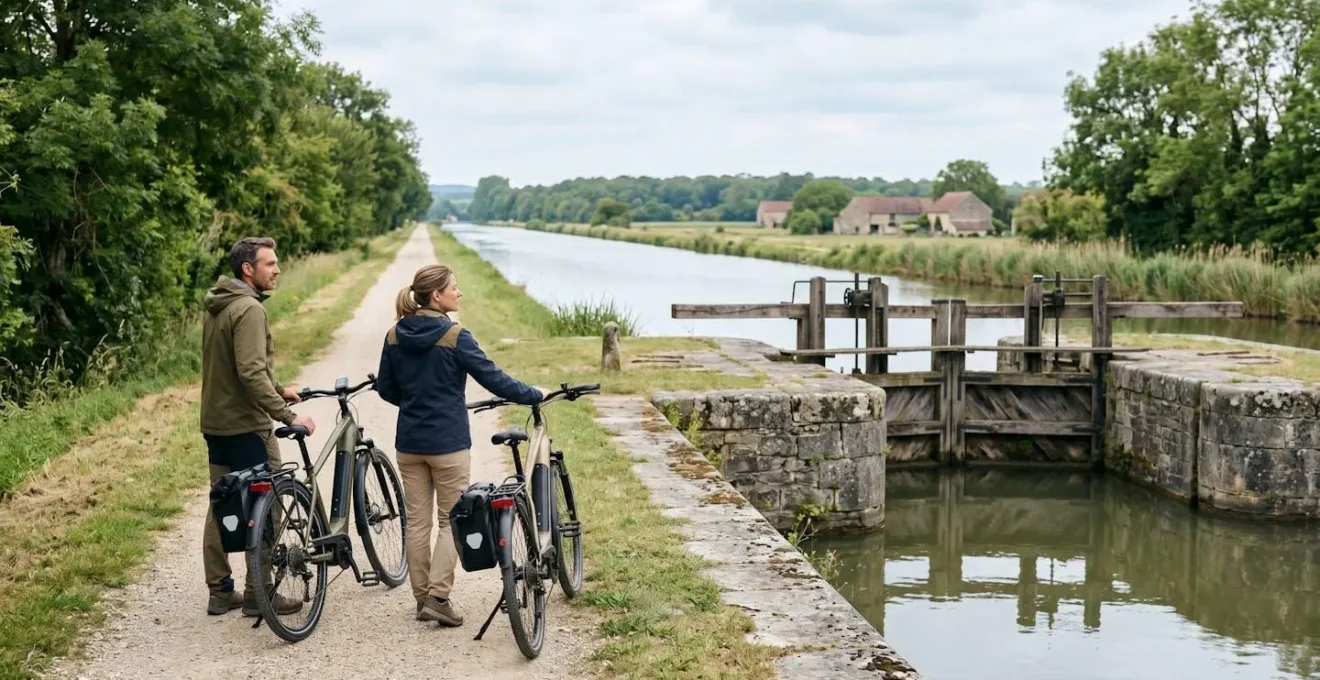 Couple à vélo électrique observant une écluse historique sur un canal bordé de végétation