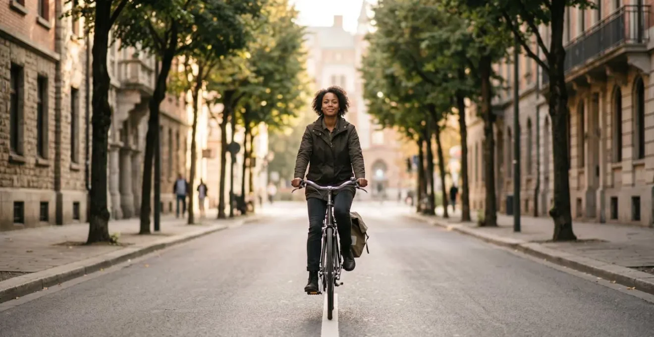 Cycliste pédalant à allure modérée dans un environnement urbain, expression détendue et sereine