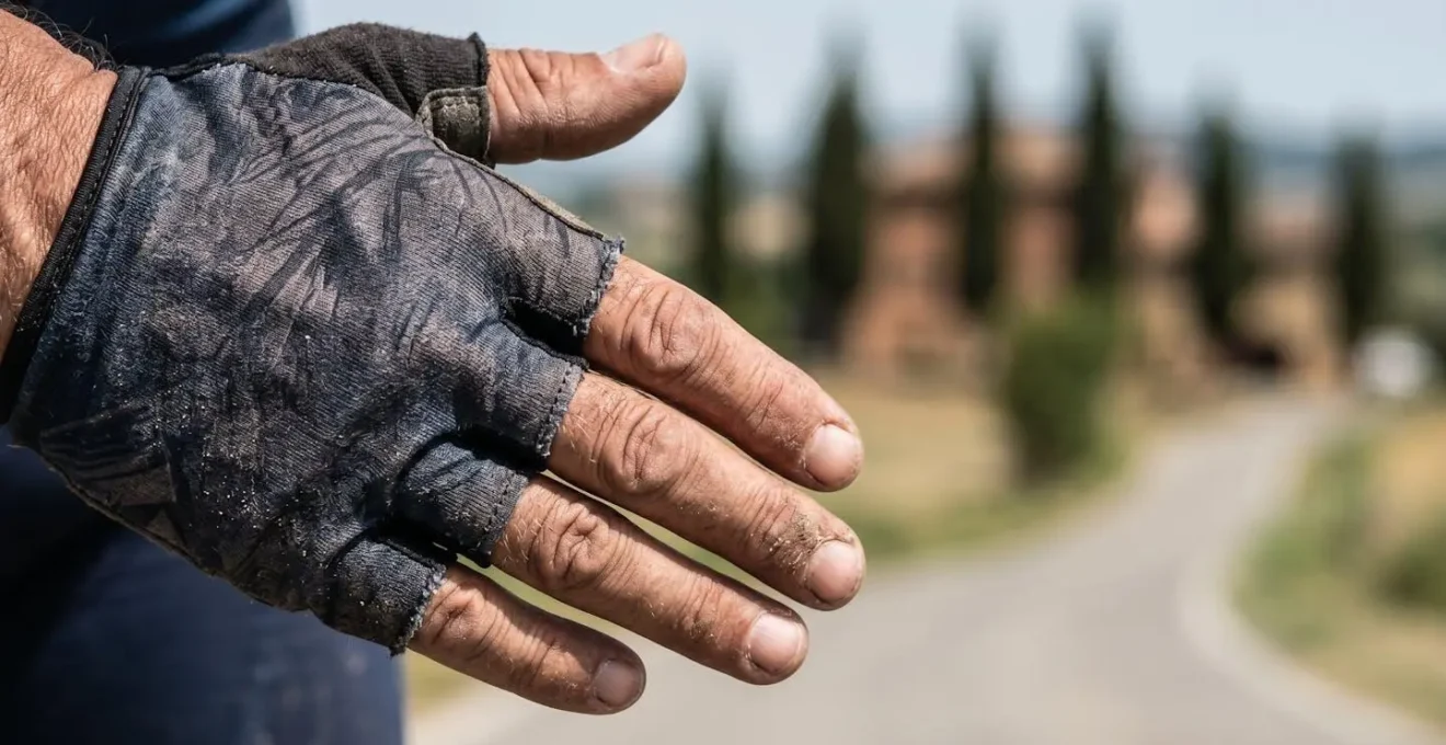 Gros plan sur la main d'un cycliste effectuant un geste de signalisation claire sur une route italienne secondaire