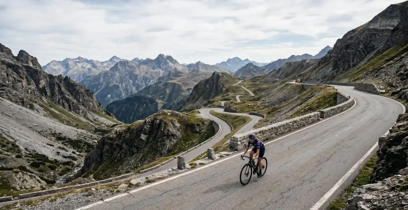 Cycliste dans une longue montée de col de montagne avec vue panoramique