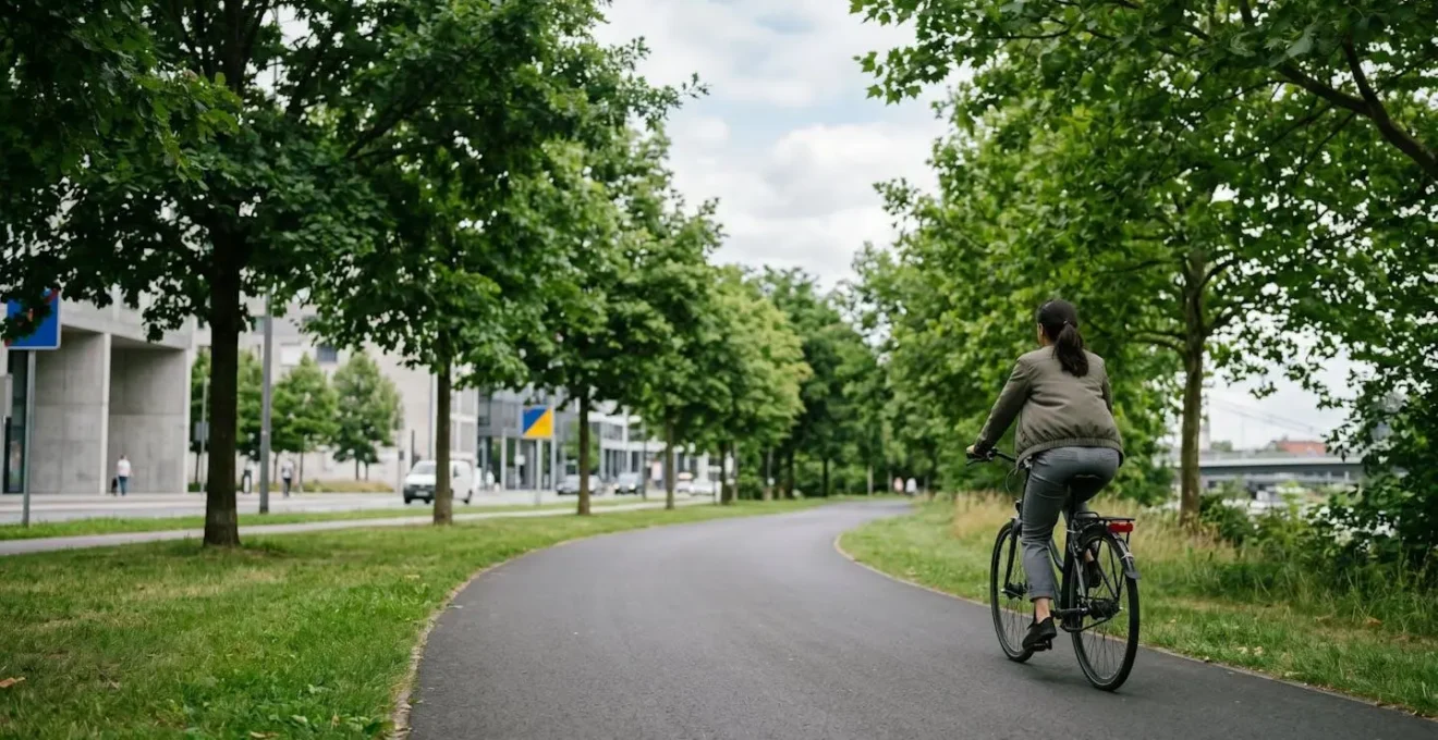 Cycliste roulant sur une piste cyclable urbaine verdoyante dans une ambiance apaisante