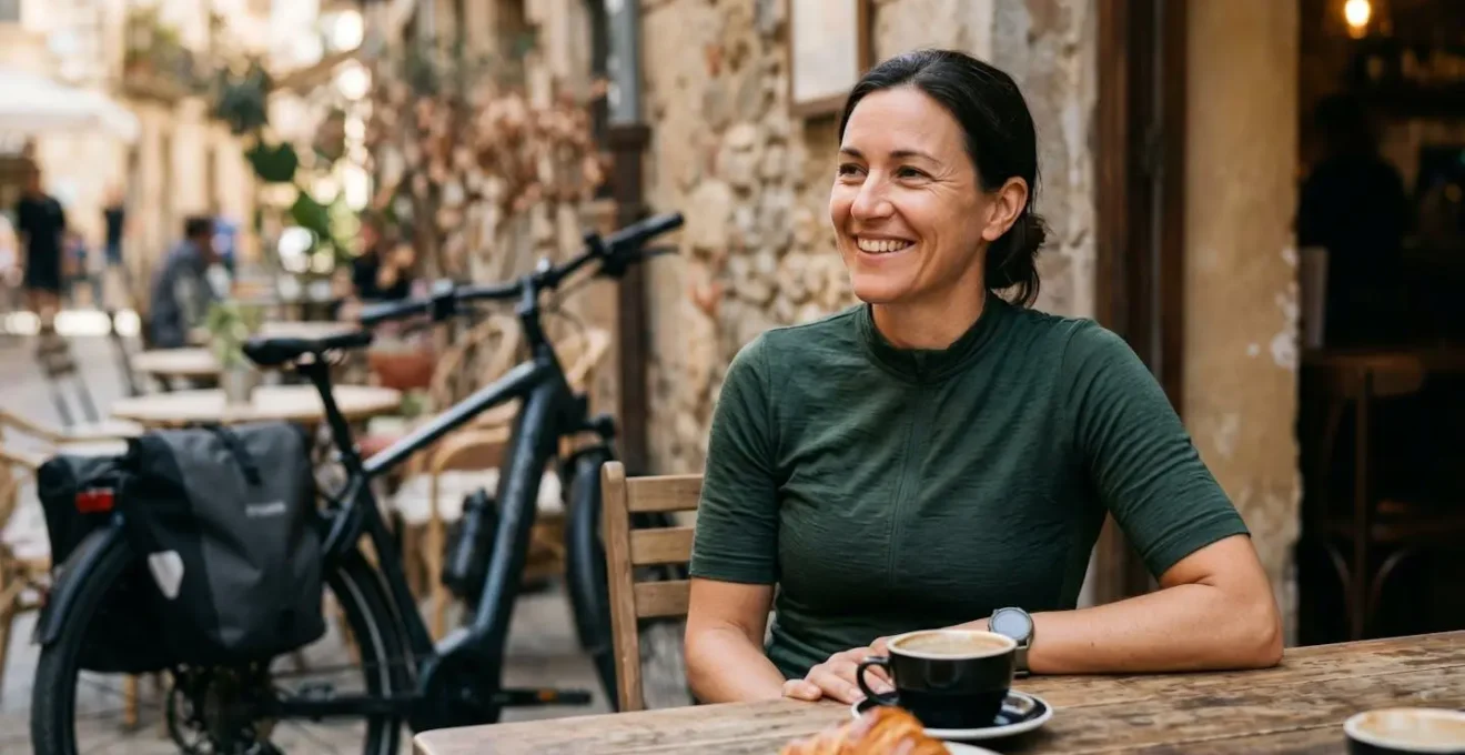 Cycliste prenant une pause café en terrasse avec vélo électrique stationné à proximité dans un cadre accueillant