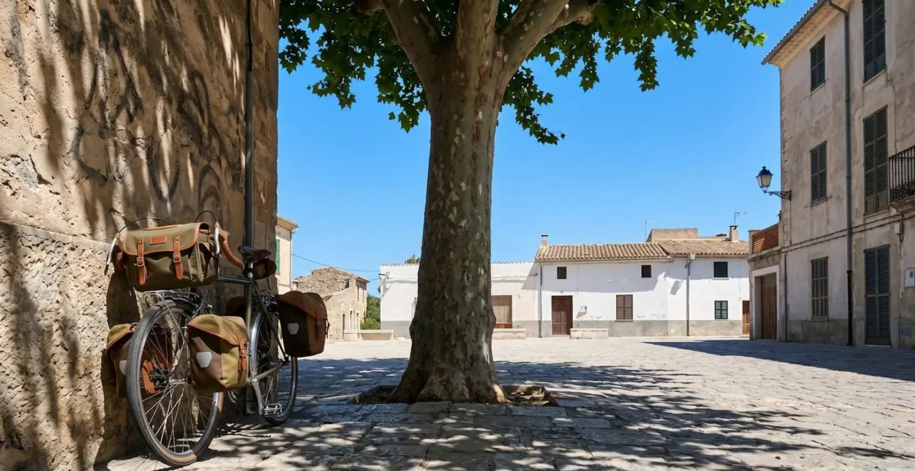 Scène paisible d'un vélo garé à l'ombre d'un platane dans une place de village italien déserte pendant la controra