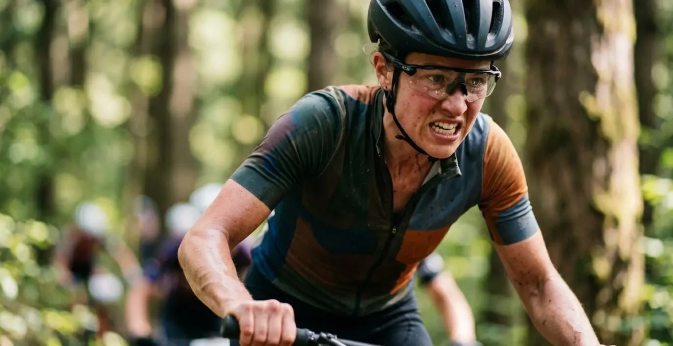 Cycliste VTT en plein effort intense montrant la concentration et l'engagement physique
