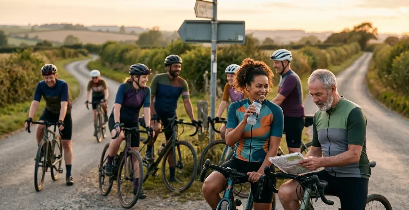 Groupe de cyclistes de niveaux différents se regroupant à une intersection rurale