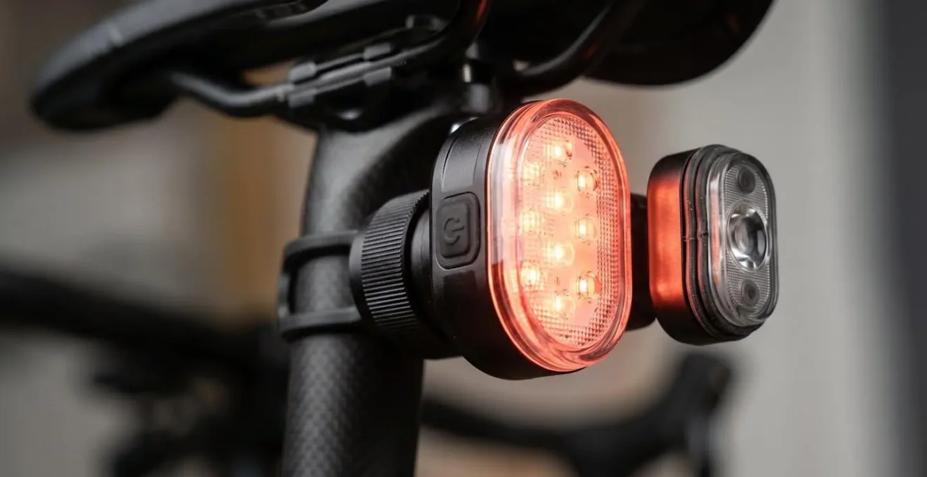 Gros plan sur système de double éclairage arrière vélo avec feu principal fixe et feu complémentaire