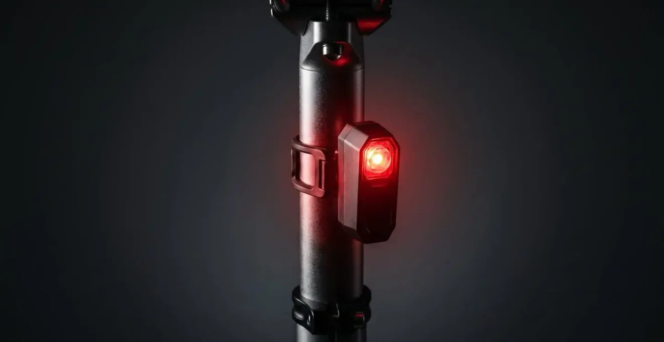 Feu arrière de vélo rouge à intensité fixe illuminant la nuit avec reflets subtils sur le cadre métallique
