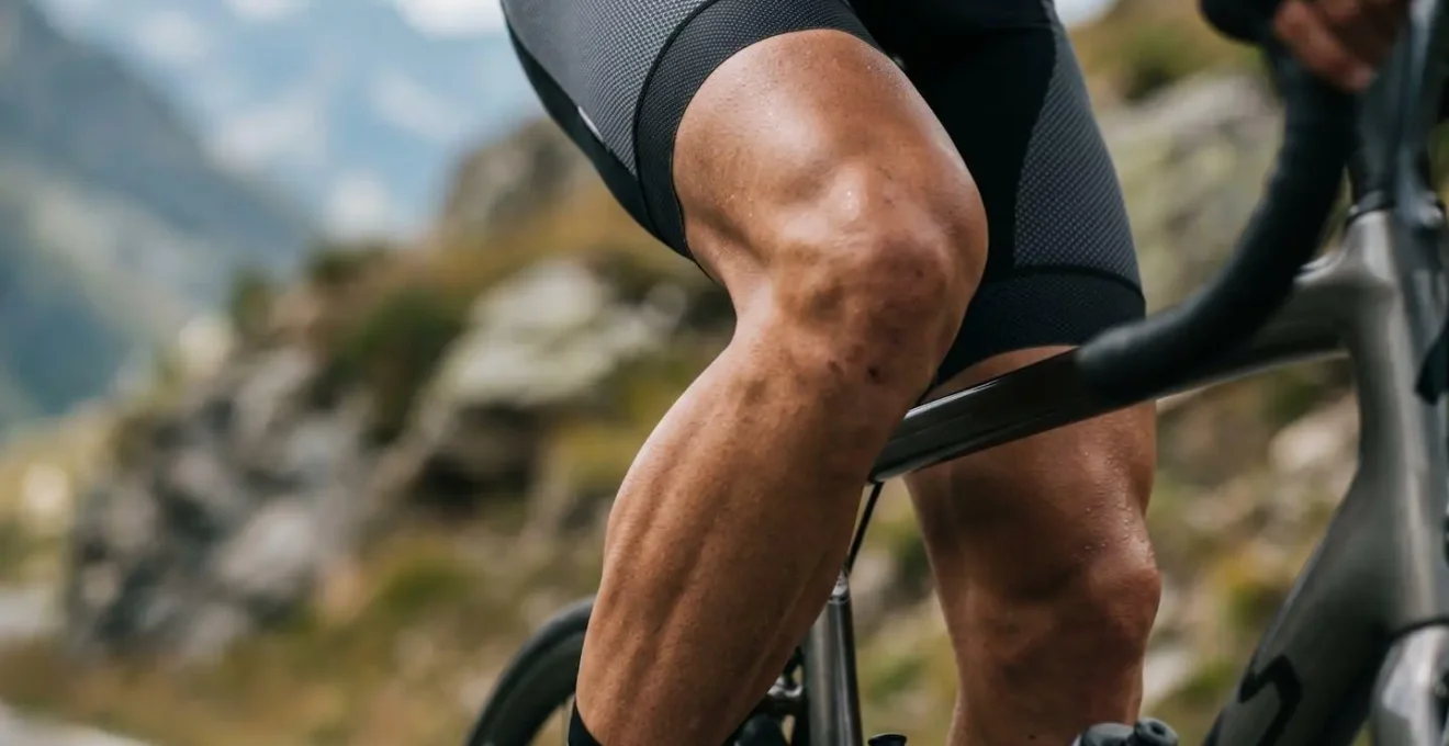 Gros plan sur les jambes musclées d'un cycliste pédalant en montée raide
