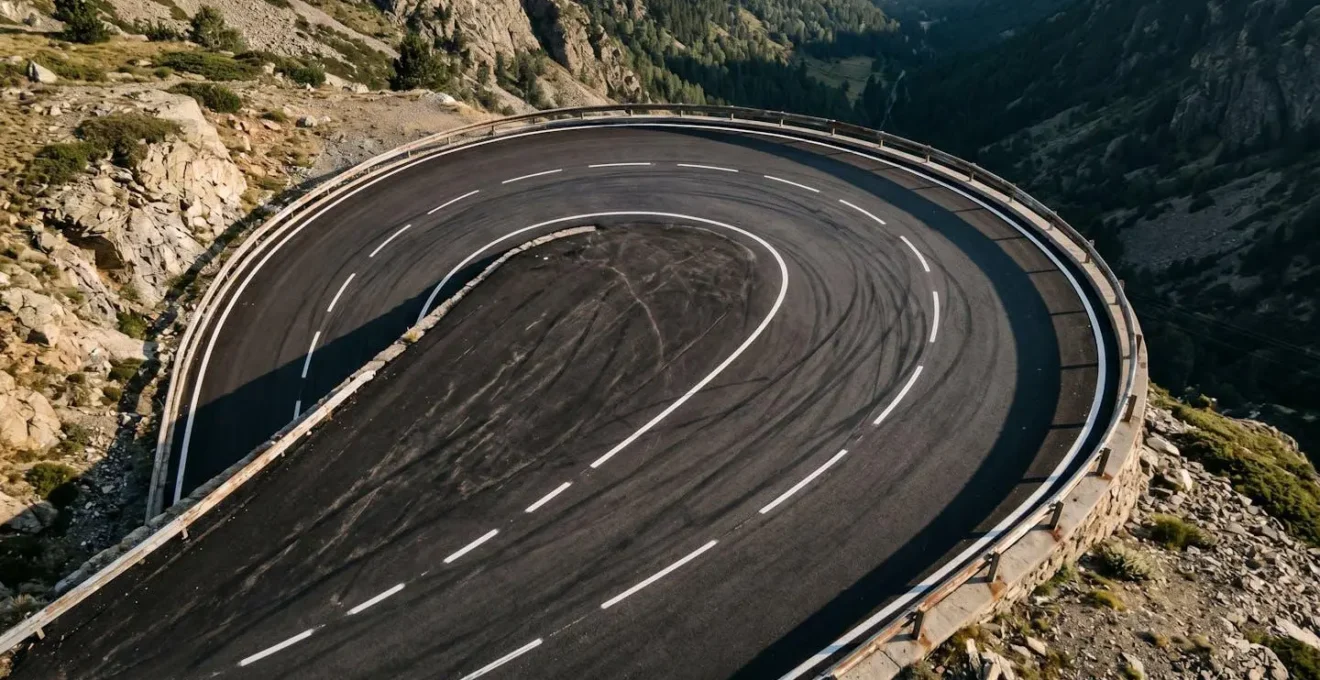 Vue aérienne d'une épingle de route de montagne montrant la trajectoire optimale pour cyclistes