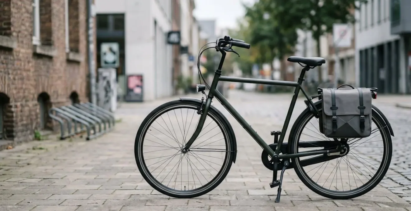 Vue latérale d'un porte-bagages arrière de vélo hollandais avec sacoche rigide positionnée au-dessus de l'axe de roue