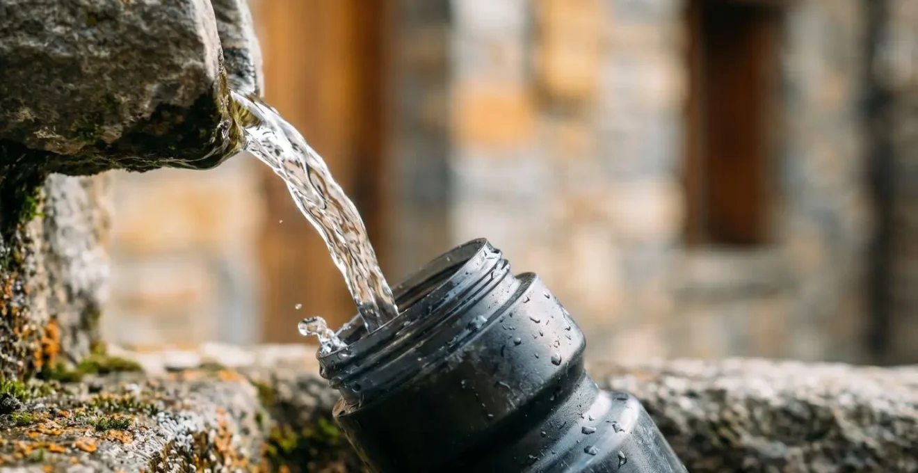 Fontaine d'eau potable dans un village des Pyrénées pour le ravitaillement des cyclistes