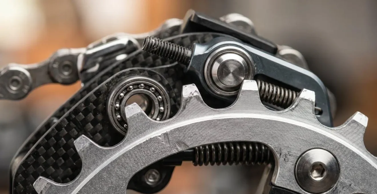 Vue macro détaillée montrant la texture de composants techniques d'un vélo électrique