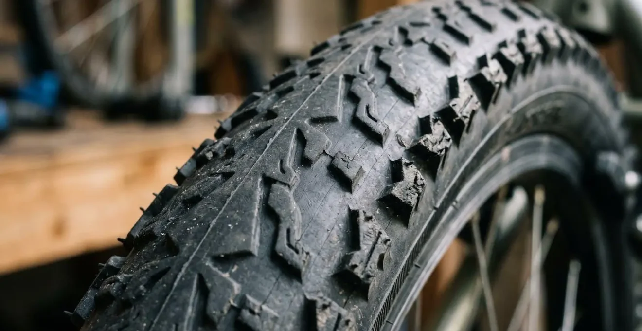 Gros plan sur un pneu de vélo enfant montrant la texture et les détails de la surface
