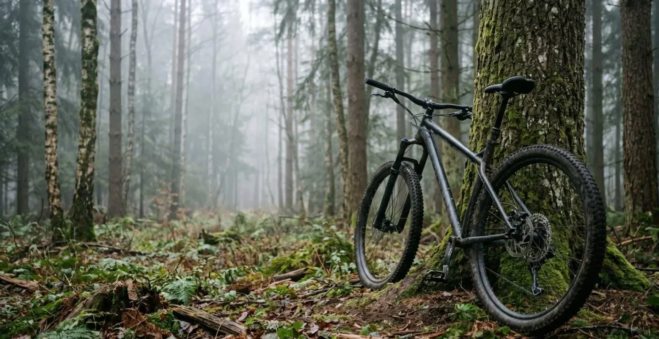 Vue environnementale large d'un vélo posé dans un paysage forestier avec focus sur le dérailleur arrière