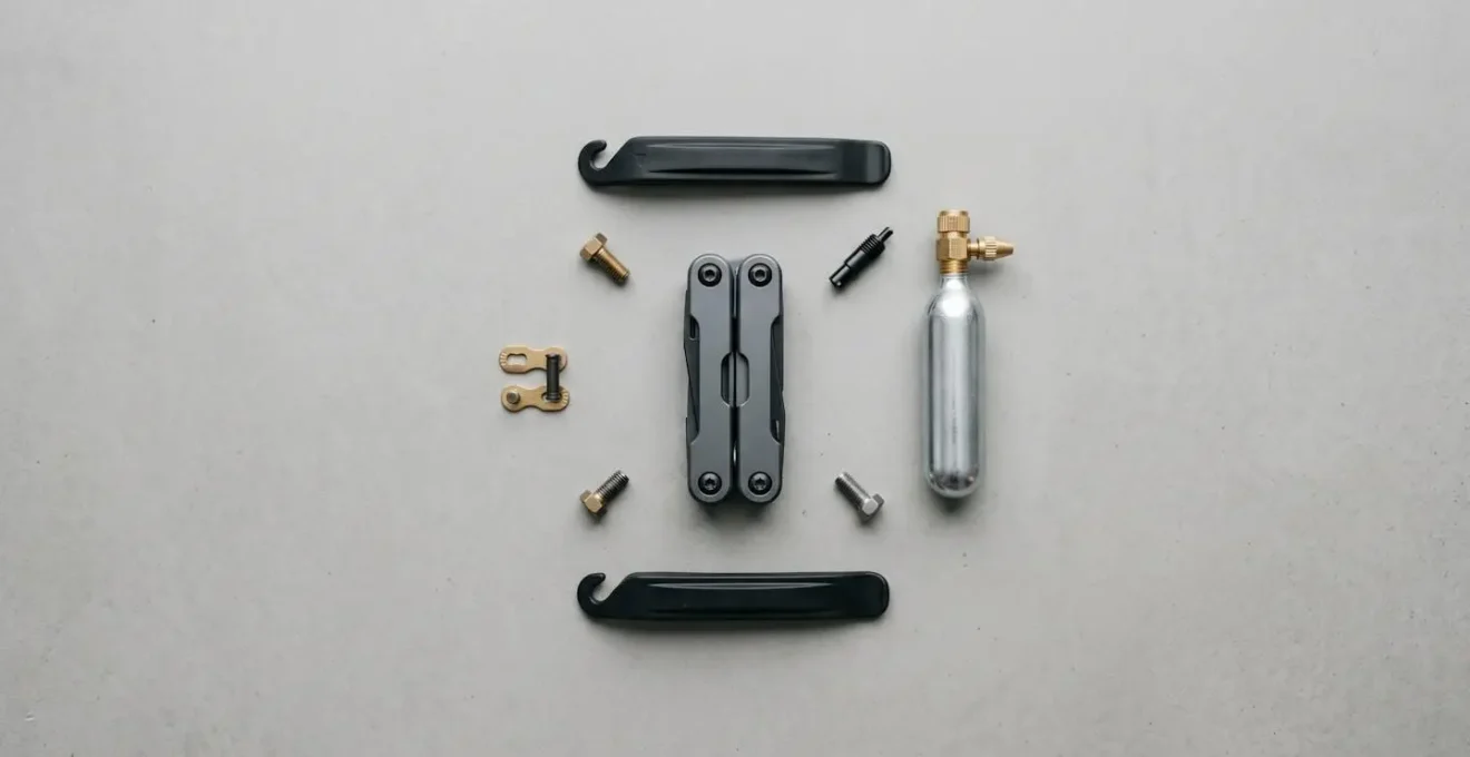 Assemblage minimaliste d'outils de réparation vélo de poche disposés sur fond neutre