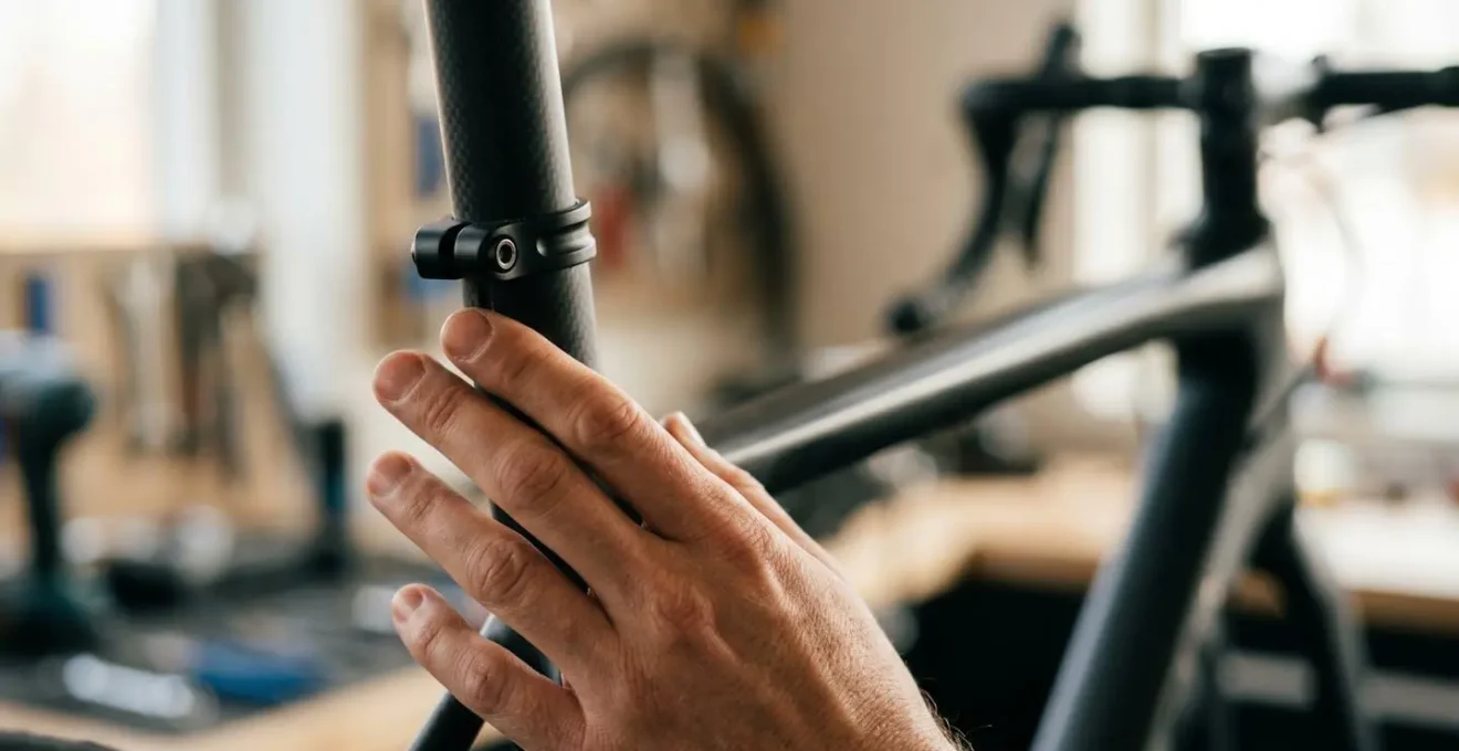Main d'un cycliste posée sur une tige de selle en carbone pour détecter les vibrations mécaniques