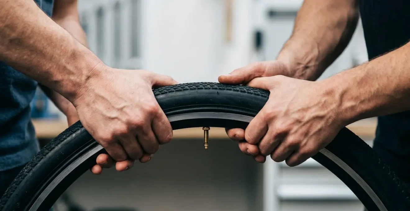 Gros plan sur les mains d'un cycliste montant un pneu de vélo en utilisant la pression des paumes