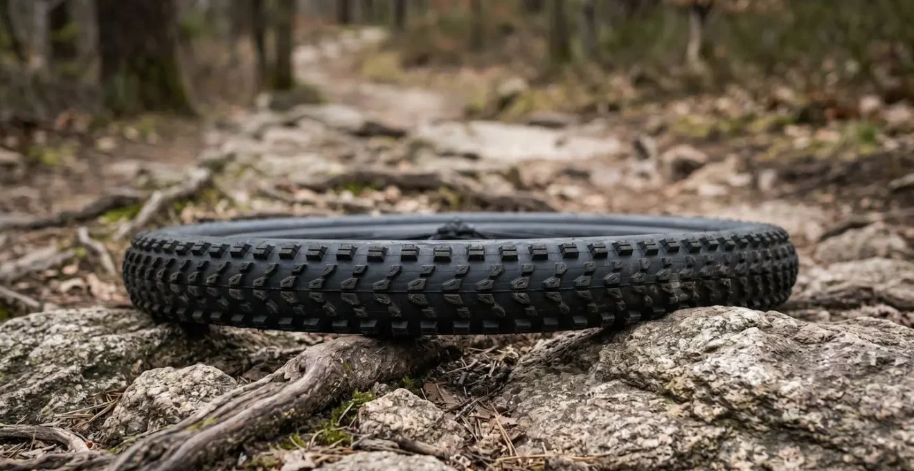 Vue rapprochée d'un pneu de VTT tubeless sur un sentier rocheux, montrant comment il se déforme pour épouser les obstacles.