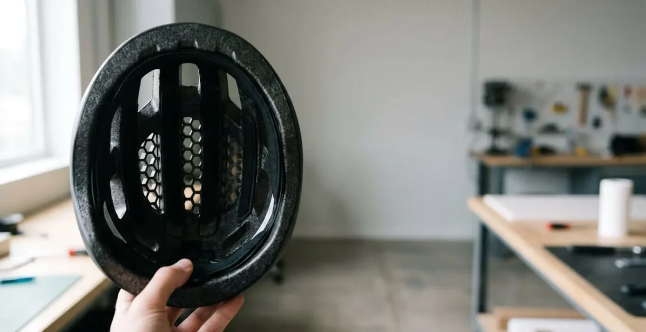 Structure interne en polystyrène expansé d'un casque de vélo montrant la déformation après impact