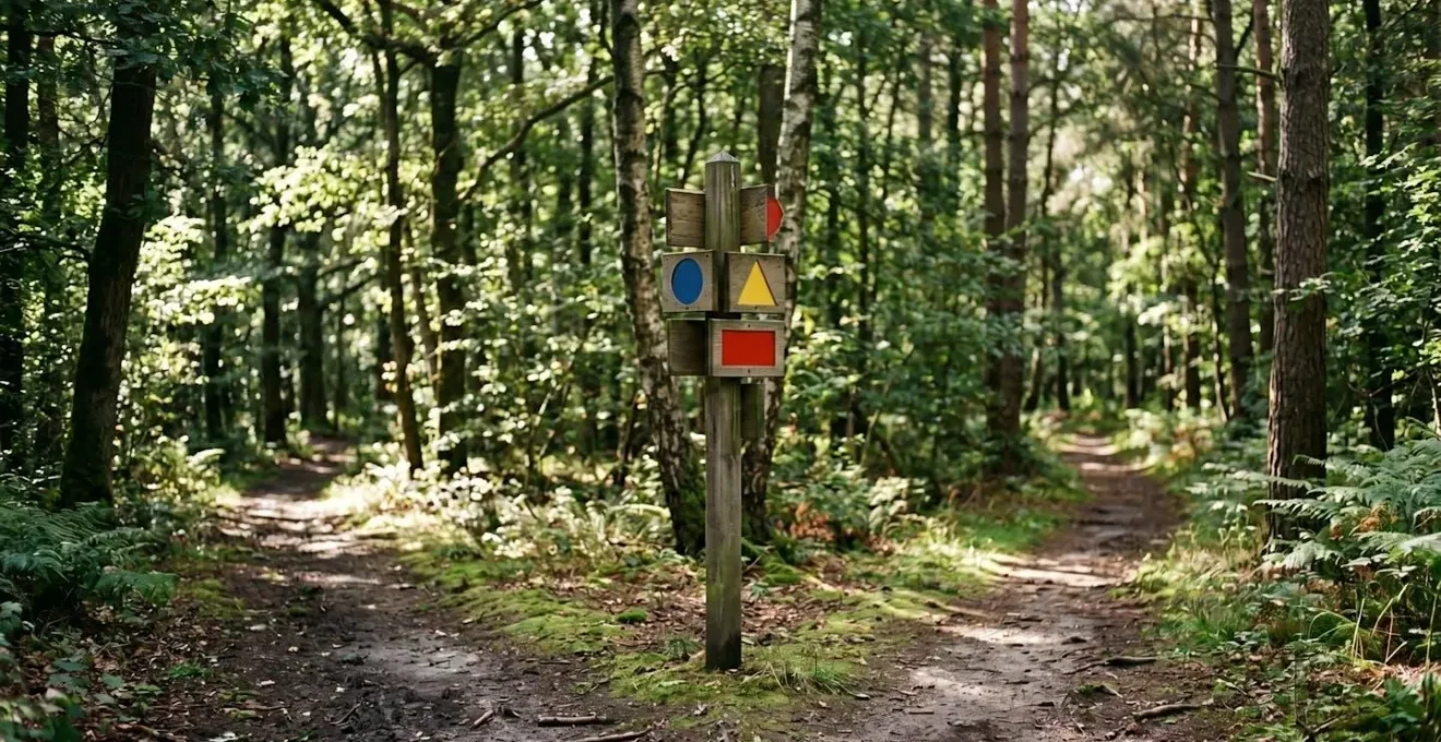 Intersection de sentiers forestiers avec balisage directionnel sans panneaux textuels