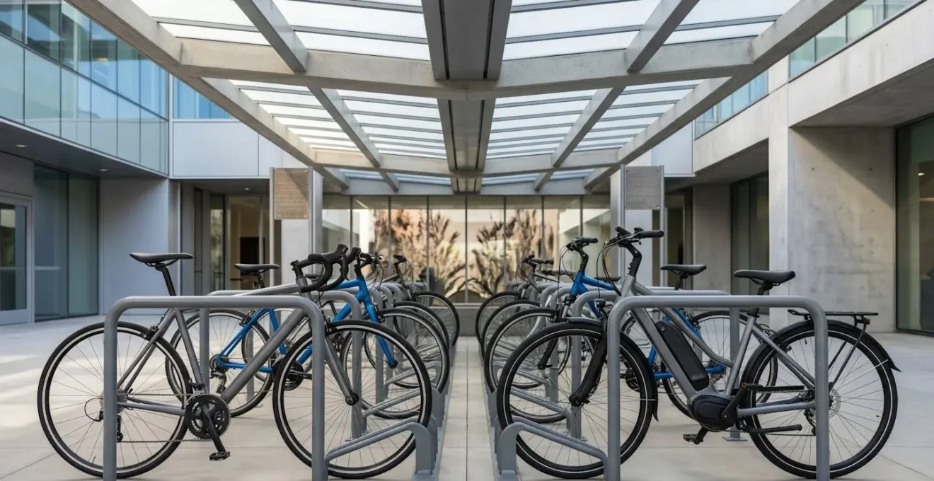 Espace de stationnement vélo moderne et sécurisé dans un environnement professionnel
