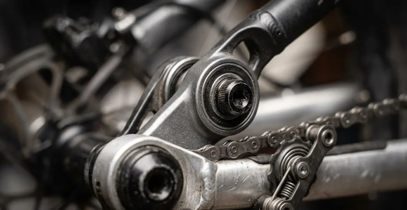 Gros plan macro sur un système de suspension de VTT montrant l'allongement de la trajectoire de chaîne lors de la compression