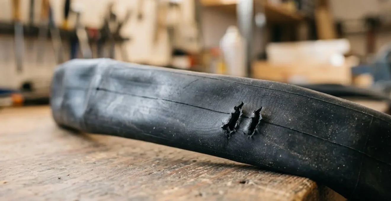 Gros plan sur une chambre à air de vélo présentant deux perforations caractéristiques d'une crevaison par pincement.