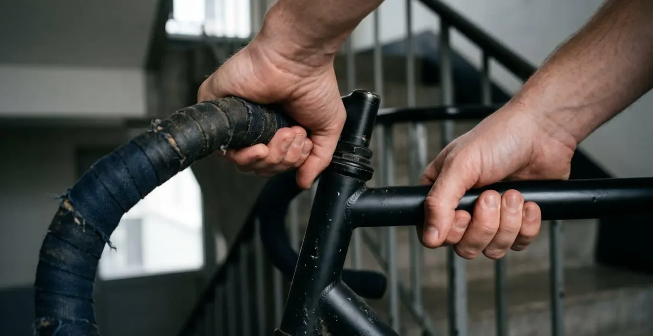 Démonstration de la technique de portage d'un vélo hollandais dans un escalier avec mise en évidence des points de prise