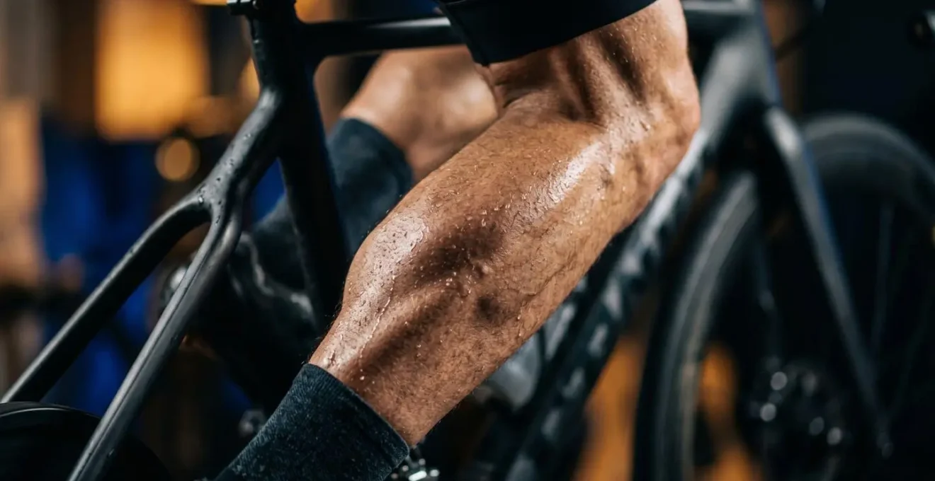 Cycliste concentré pendant son protocole d'échauffement sur home-trainer avant une compétition