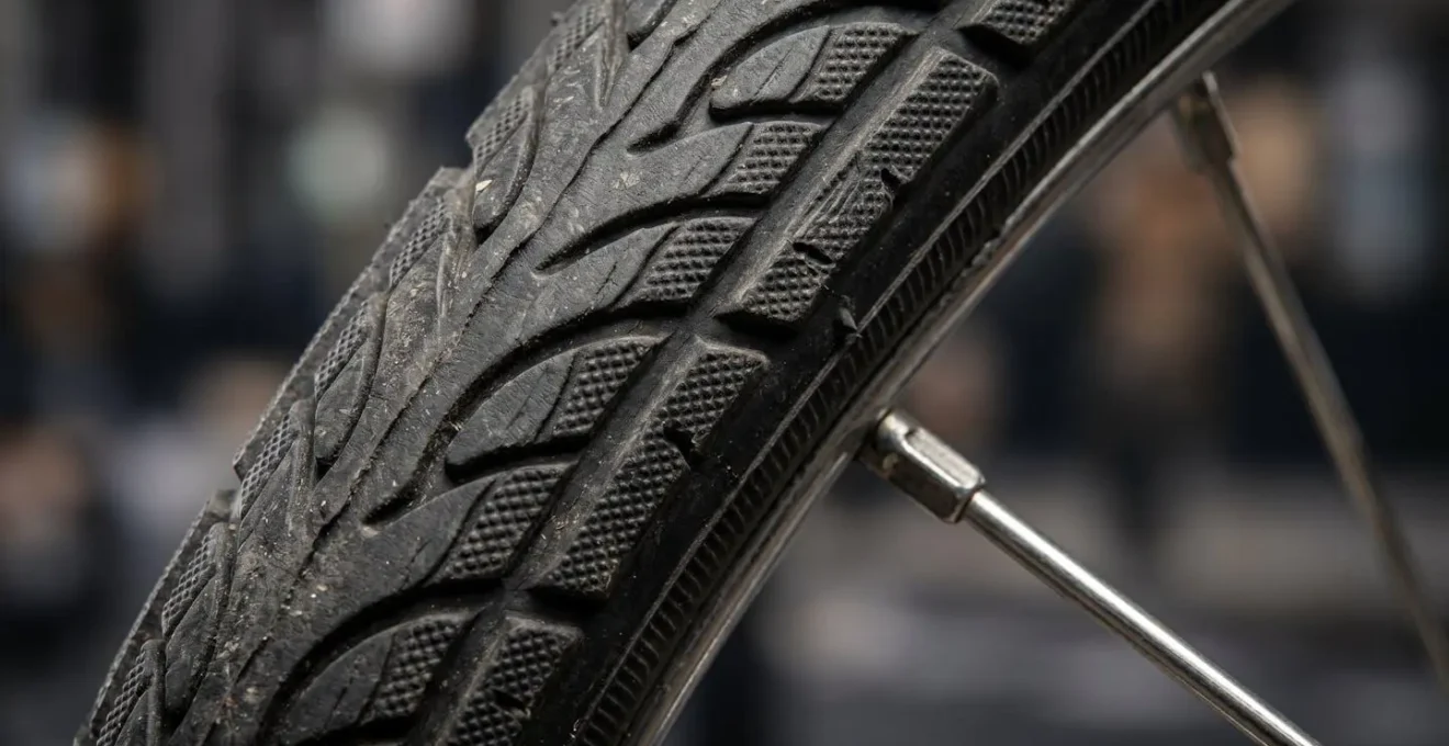 Gros plan macro sur un pneu de vélo pliant 16 pouces montrant la texture et la structure