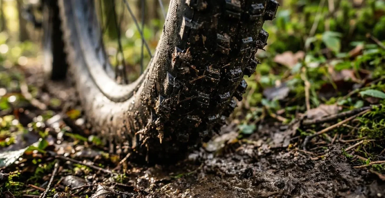Gros plan sur une roue de VTT dans la boue montrant les crampons et la technique de pilotage