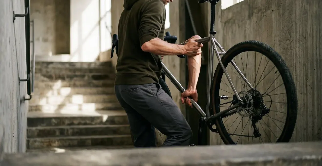 Cycliste portant un vélo dans un escalier en utilisant une technique ergonomique
