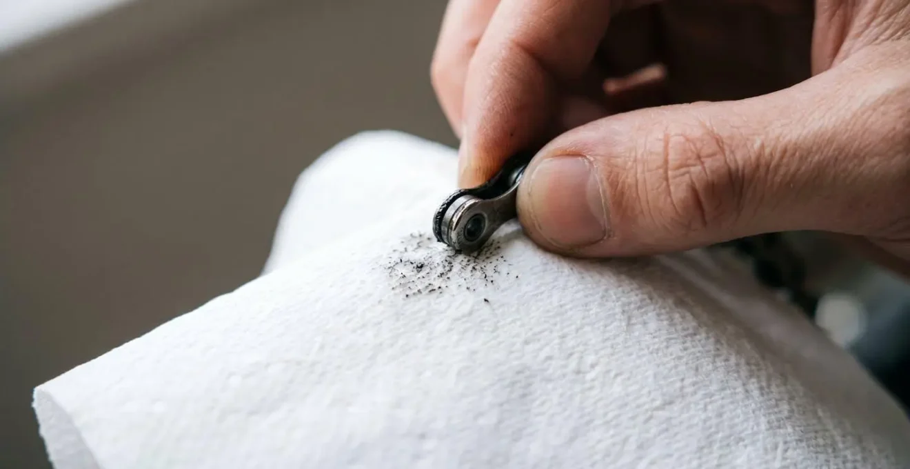 Gros plan sur une chaîne de vélo propre tenue contre un papier absorbant pour tester la propreté du lubrifiant.