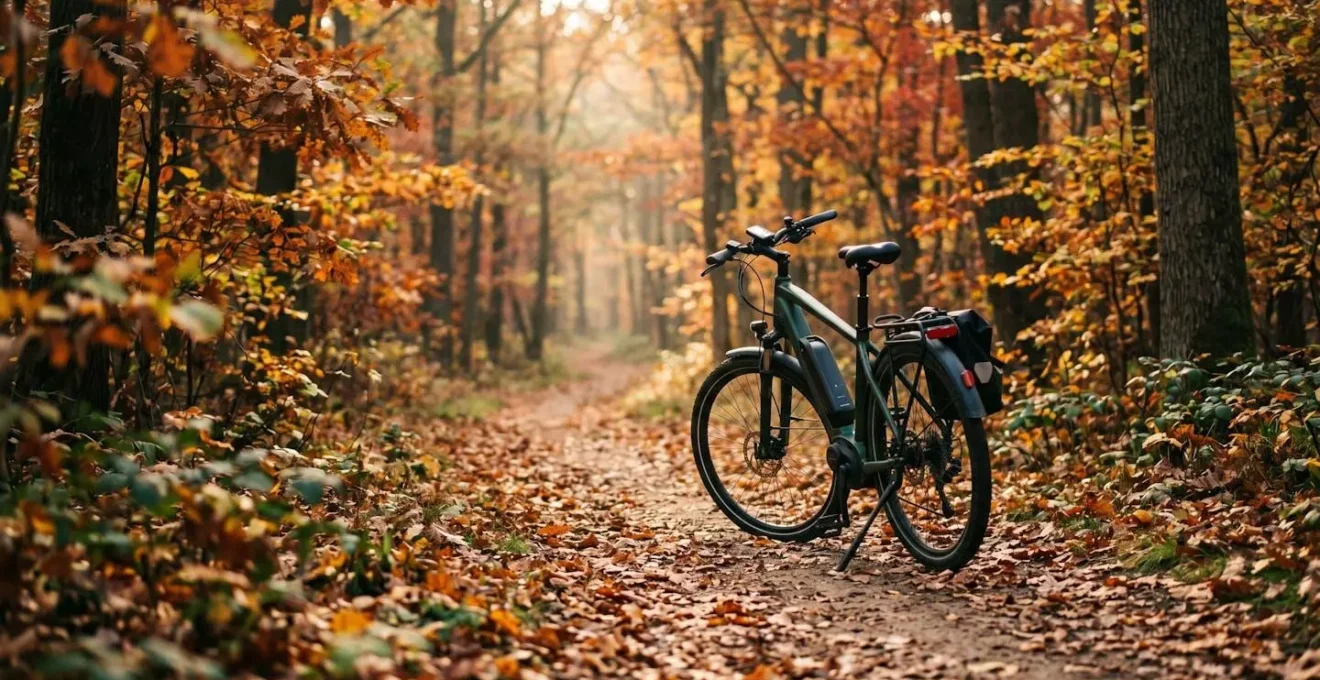 Vélo électrique sur un sentier forestier en automne avec lumière dorée filtrant à travers les arbres